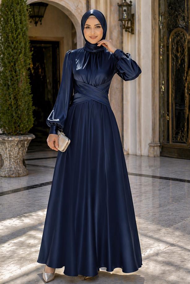Tesettür giyim LACİVERT KUŞAKLI SATEN ABİYE ELBİSE T 7926 - TRENDTESETTÜR