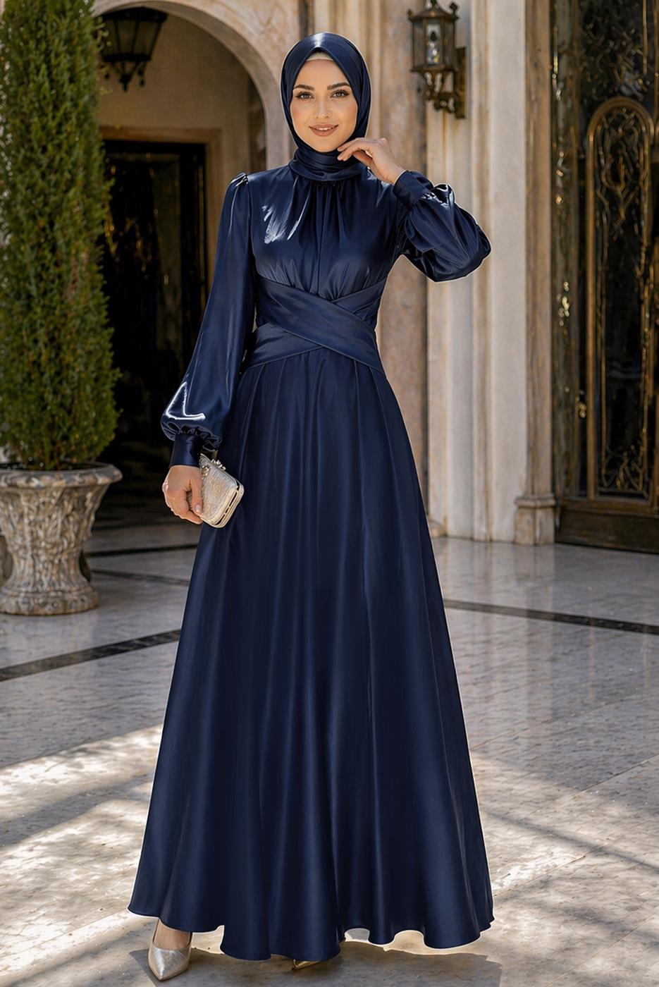 Tesettür giyim LACİVERT KUŞAKLI SATEN ABİYE ELBİSE T 7926