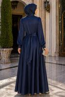 Tesettür giyim LACİVERT KUŞAKLI SATEN ABİYE ELBİSE T 7926