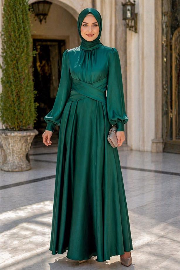 Tesettür giyim YEŞİL KUŞAKLI SATEN ABİYE ELBİSE T 7926 - TRENDTESETTÜR