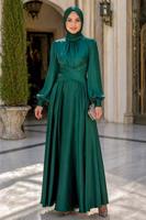 Tesettür giyim YEŞİL KUŞAKLI SATEN ABİYE ELBİSE T 7926