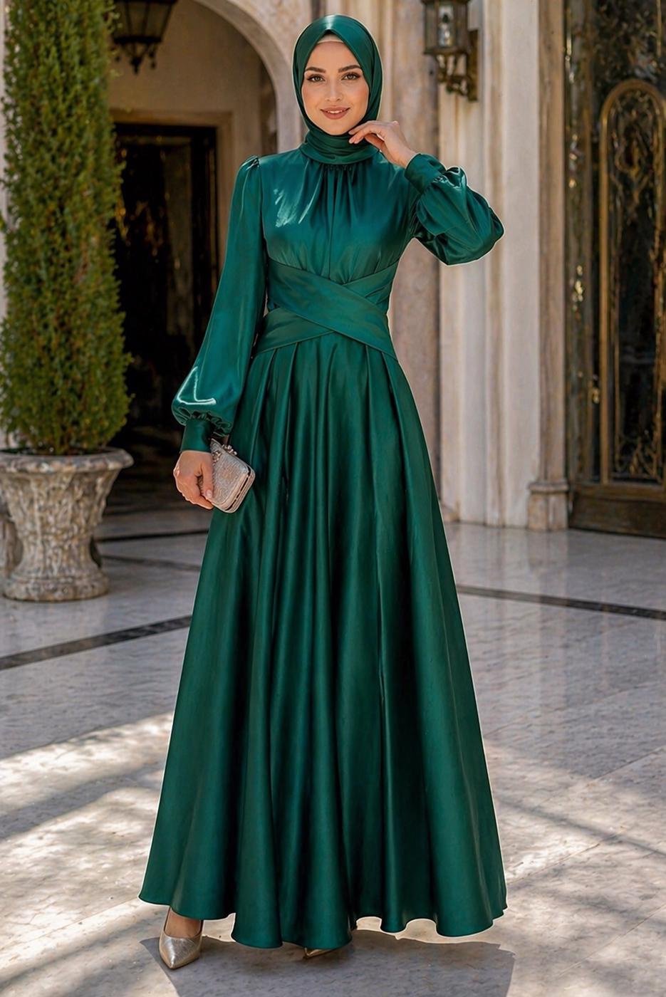 Tesettür giyim YEŞİL KUŞAKLI SATEN ABİYE ELBİSE T 7926