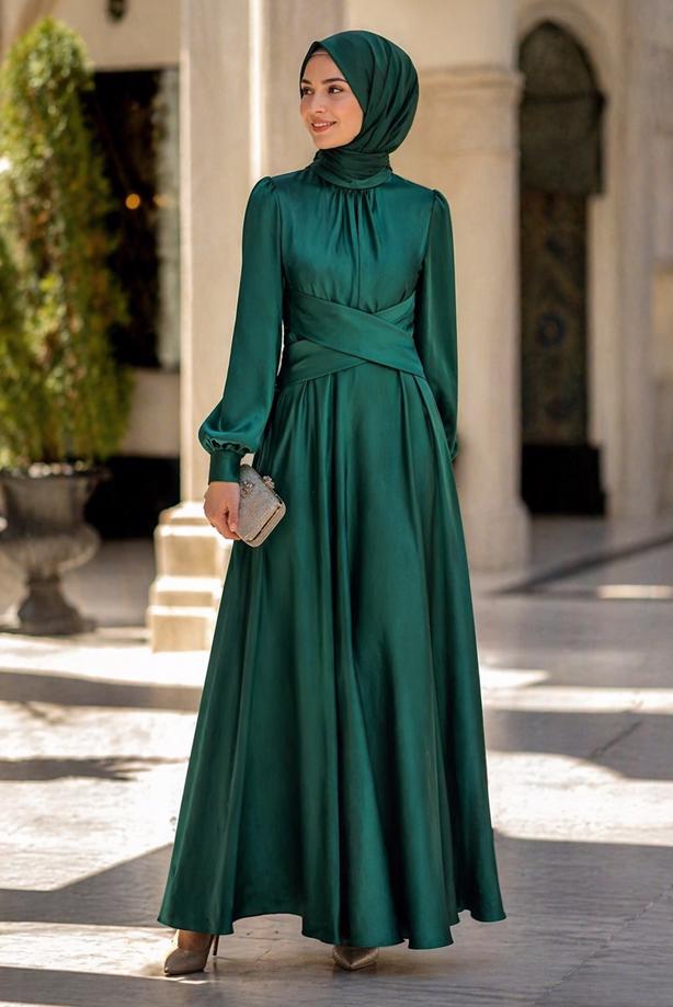 Tesettür giyim YEŞİL KUŞAKLI SATEN ABİYE ELBİSE T 7926 - TRENDTESETTÜR