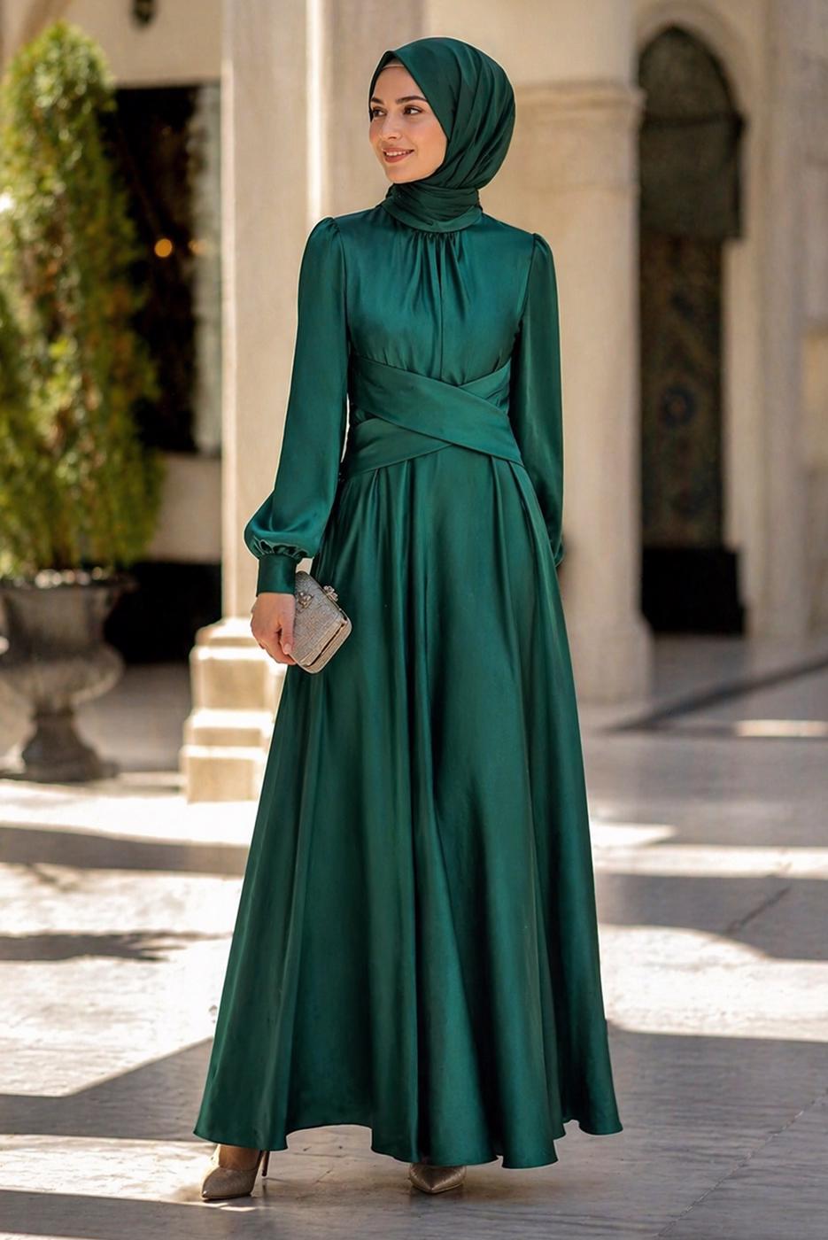 Tesettür giyim YEŞİL KUŞAKLI SATEN ABİYE ELBİSE T 7926