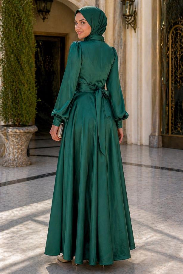 Tesettür giyim YEŞİL KUŞAKLI SATEN ABİYE ELBİSE T 7926 - TRENDTESETTÜR