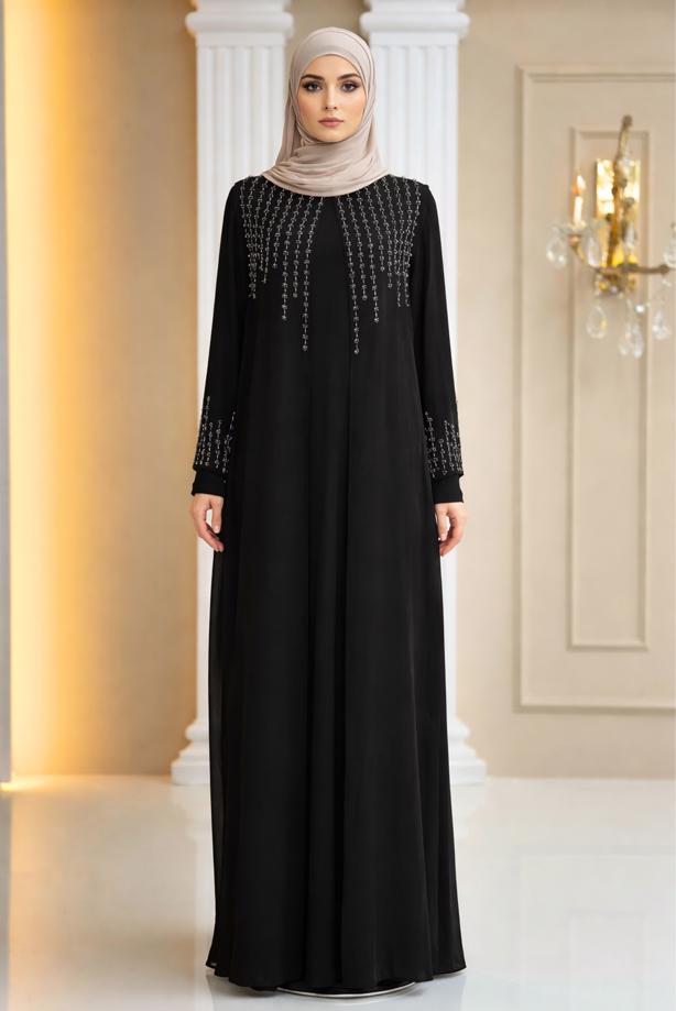 Vêtements hijab NOIR ROBE DE SOIRÉE DÉTAILLÉE DE GEMMES T 8463 - TRENDTESETTÜR