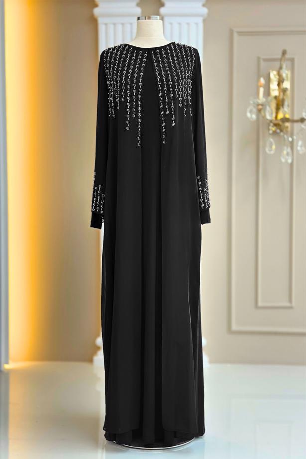Vêtements hijab NOIR ROBE DE SOIRÉE DÉTAILLÉE DE GEMMES T 8463 - TRENDTESETTÜR