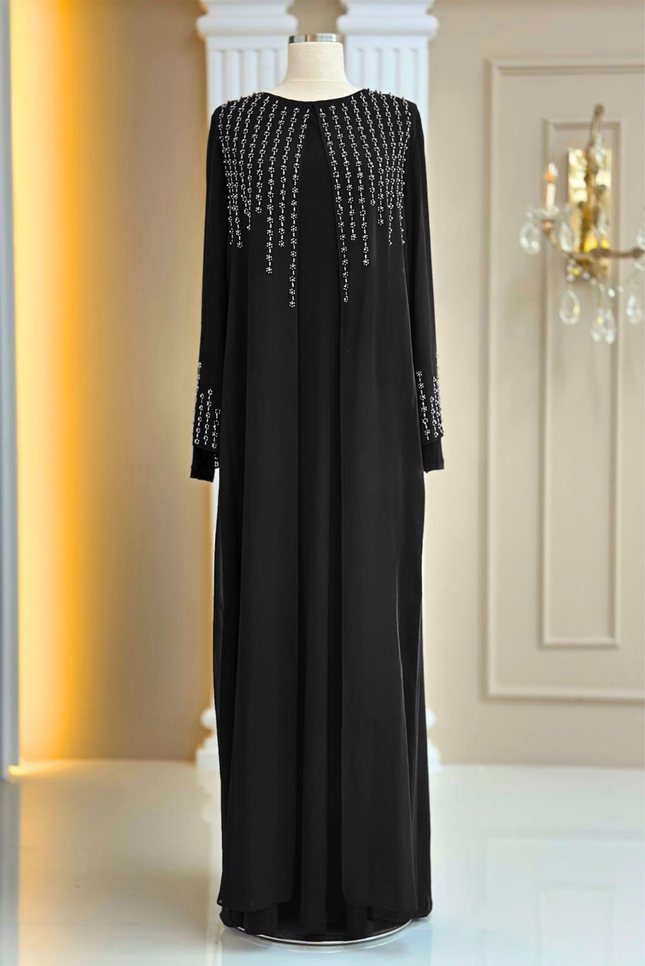 Vêtements hijab NOIR ROBE DE SOIRÉE DÉTAILLÉE DE GEMMES T 8463