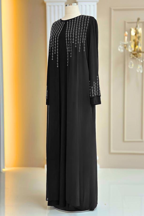 Vêtements hijab NOIR ROBE DE SOIRÉE DÉTAILLÉE DE GEMMES T 8463 - TRENDTESETTÜR