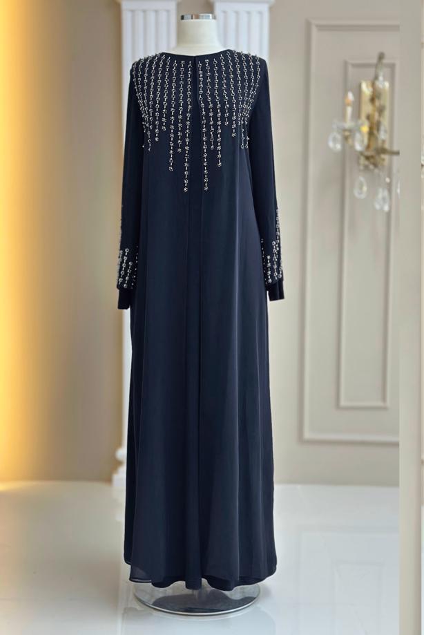 Vêtements hijab BLEU MARINE ROBE DE SOIRÉE DÉTAILLÉE DE GEMMES T 8463 - TRENDTESETTÜR