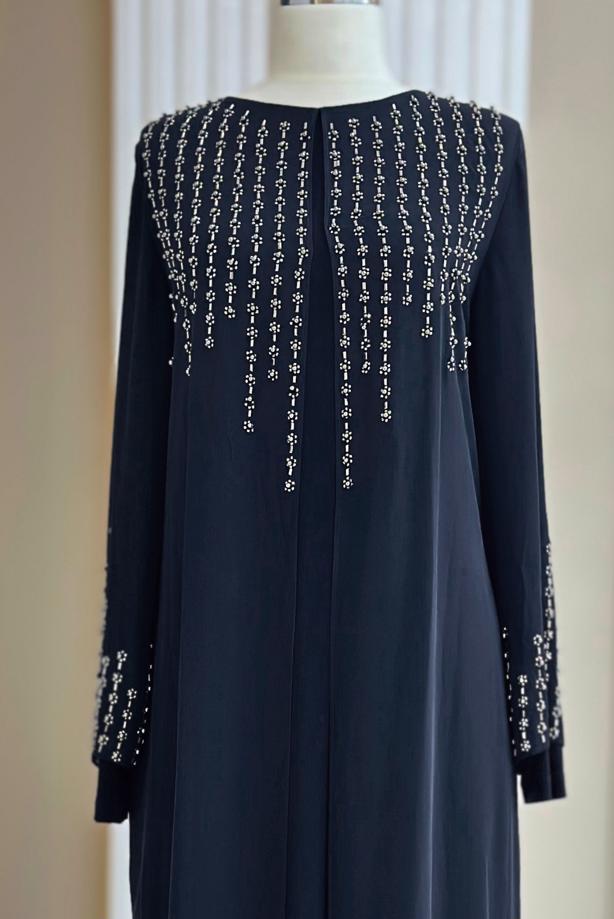 Vêtements hijab BLEU MARINE ROBE DE SOIRÉE DÉTAILLÉE DE GEMMES T 8463 - TRENDTESETTÜR