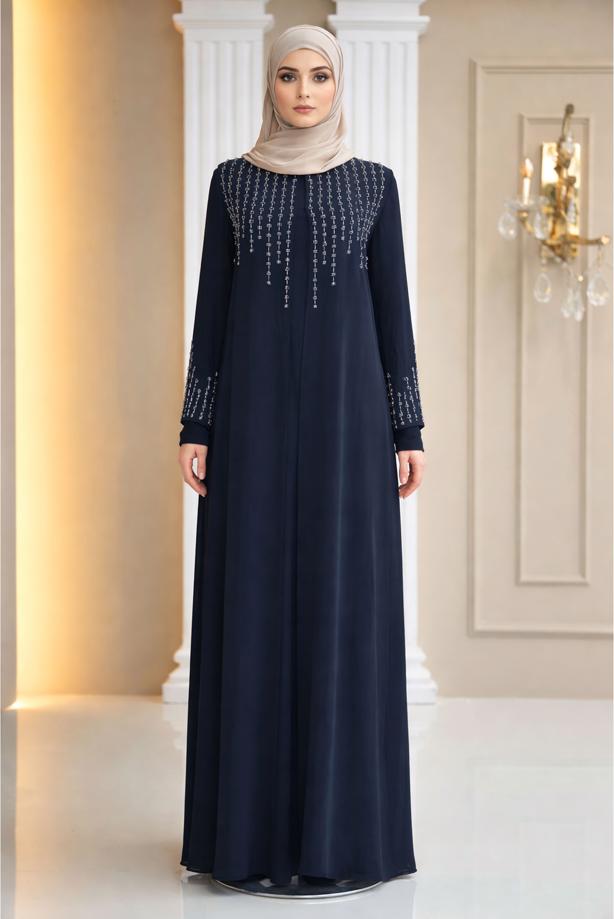 Vêtements hijab BLEU MARINE ROBE DE SOIRÉE DÉTAILLÉE DE GEMMES T 8463 - TRENDTESETTÜR