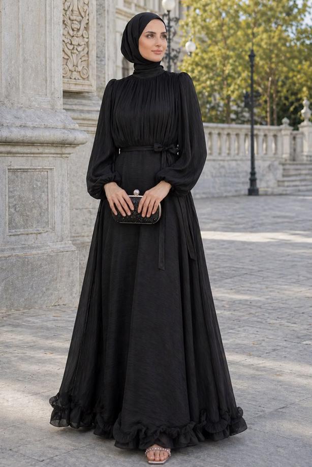 Tesettür giyim SİYAH KUŞAKLI SATEN ABİYE ELBİSE T 8726 - TRENDTESETTÜR