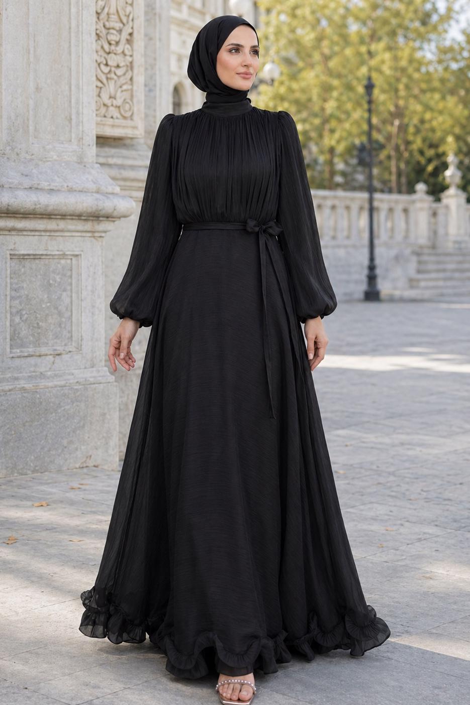 Tesettür giyim SİYAH KUŞAKLI SATEN ABİYE ELBİSE T 8726