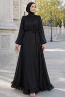 Tesettür giyim SİYAH KUŞAKLI SATEN ABİYE ELBİSE T 8726