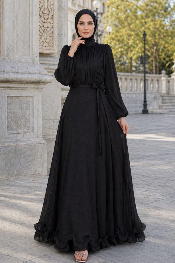 Tesettür giyim SİYAH KUŞAKLI SATEN ABİYE ELBİSE T 8726 - TRENDTESETTÜR