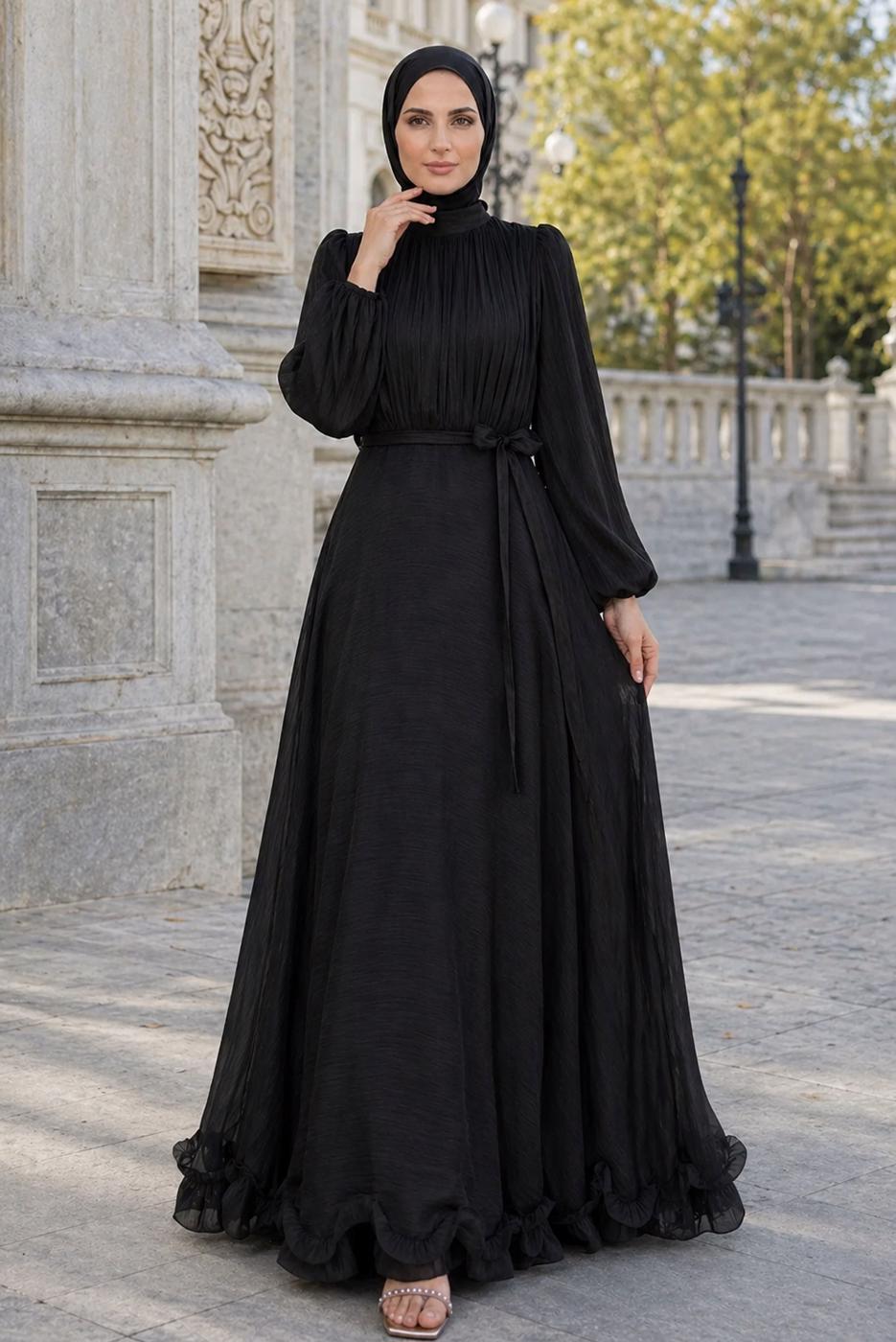 Tesettür giyim SİYAH KUŞAKLI SATEN ABİYE ELBİSE T 8726