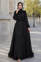 Tesettür giyim SİYAH KUŞAKLI SATEN ABİYE ELBİSE T 8726