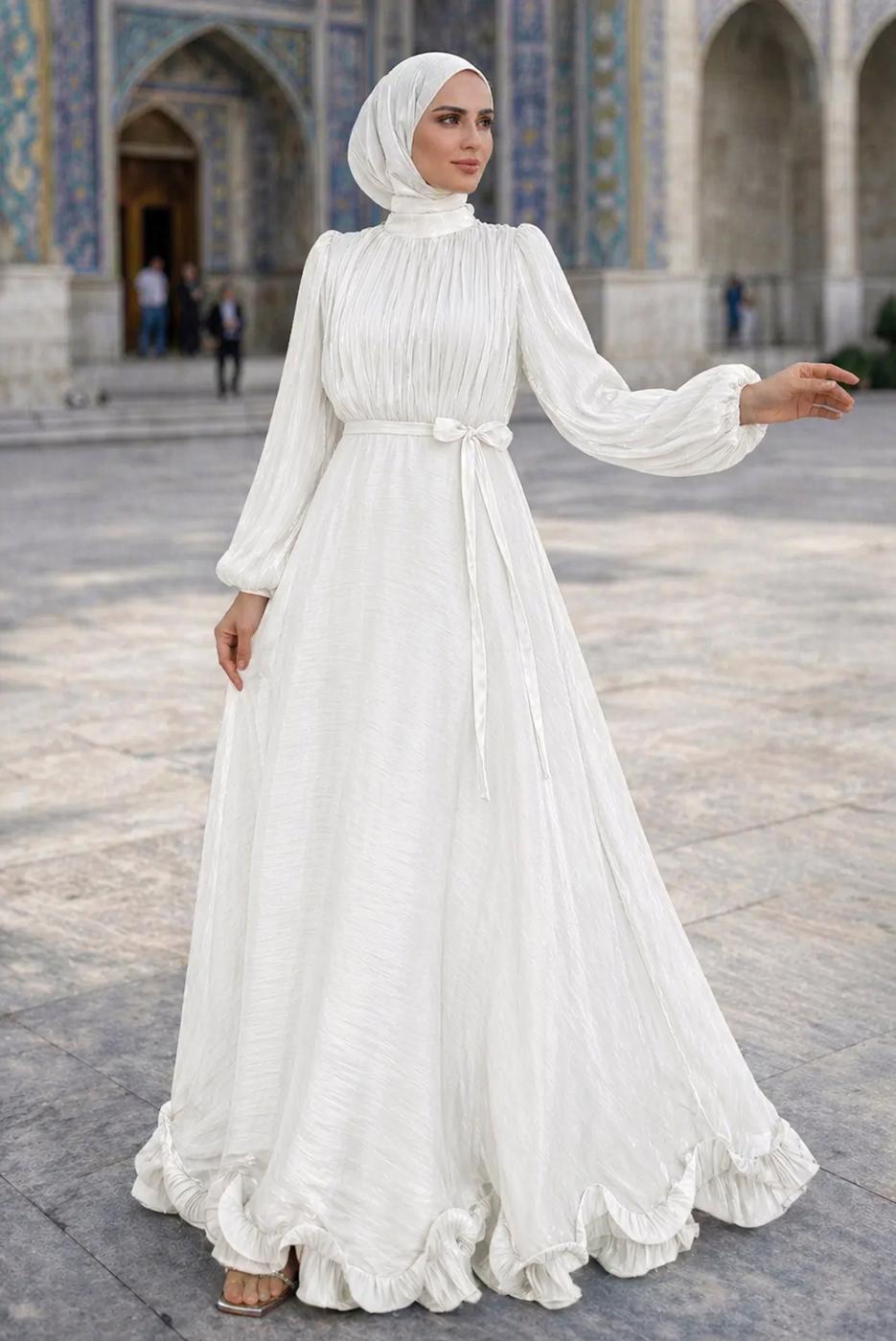 Tesettür giyim BEYAZ KUŞAKLI SATEN ABİYE ELBİSE T 8726