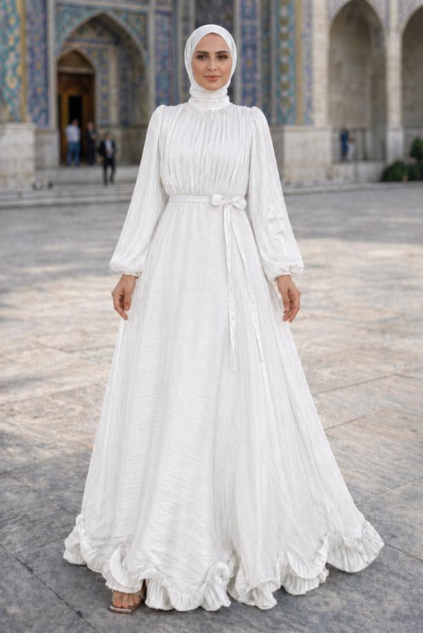Tesettür giyim BEYAZ KUŞAKLI SATEN ABİYE ELBİSE T 8726 - TRENDTESETTÜR