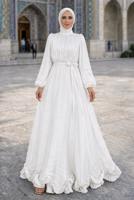 Tesettür giyim BEYAZ KUŞAKLI SATEN ABİYE ELBİSE T 8726