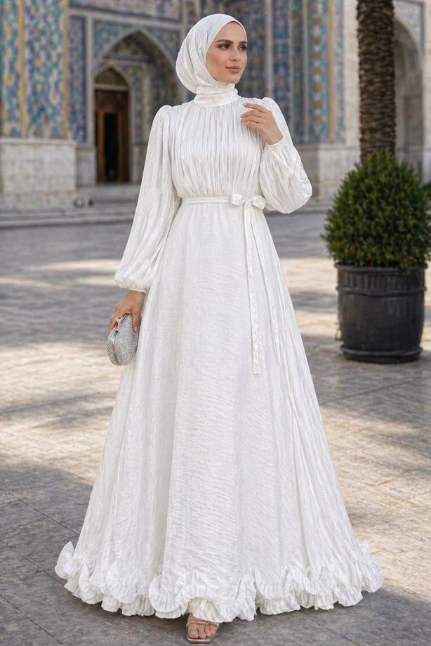 Tesettür giyim BEYAZ KUŞAKLI SATEN ABİYE ELBİSE T 8726 - TRENDTESETTÜR