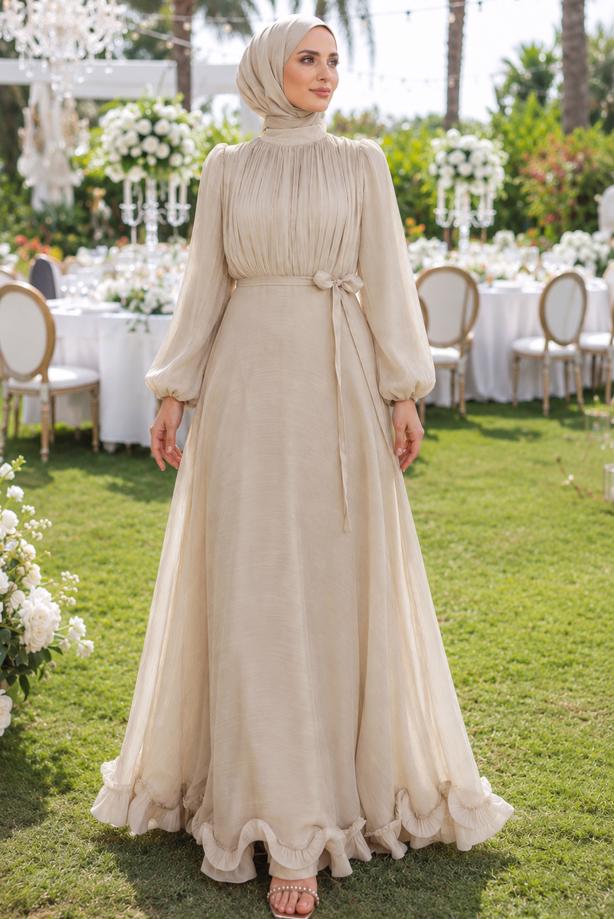 Hijab clothing BEIGE BELTED SATIN EVENING DRESS T 8726 - TRENDTESETTÜR