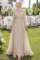 Hijab clothing BEIGE BELTED SATIN EVENING DRESS T 8726