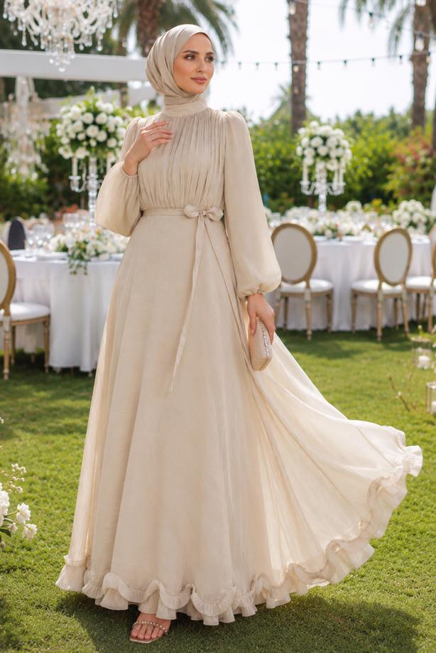 Hijab clothing BEIGE BELTED SATIN EVENING DRESS T 8726 - TRENDTESETTÜR
