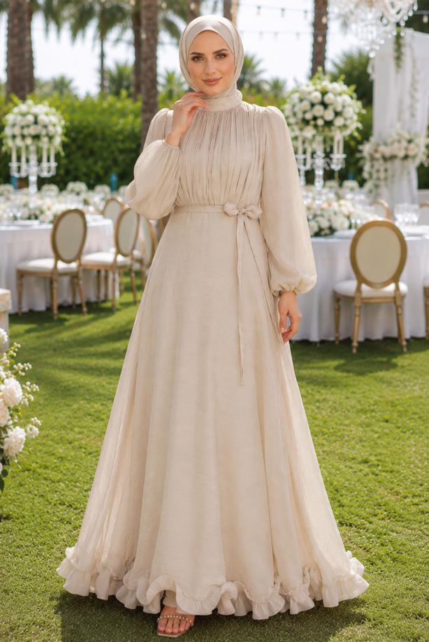 Hijab clothing BEIGE BELTED SATIN EVENING DRESS T 8726 - TRENDTESETTÜR