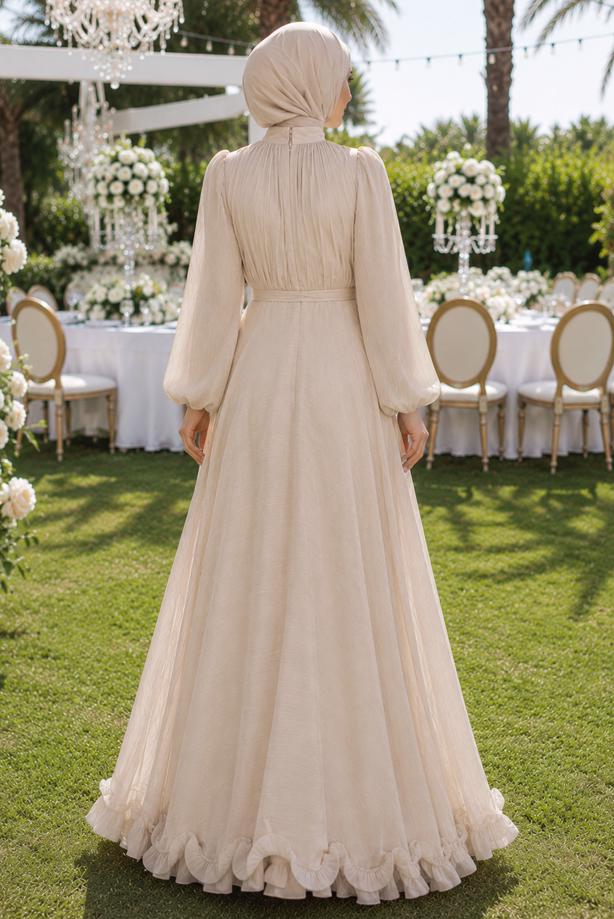 Hijab clothing BEIGE BELTED SATIN EVENING DRESS T 8726 - TRENDTESETTÜR