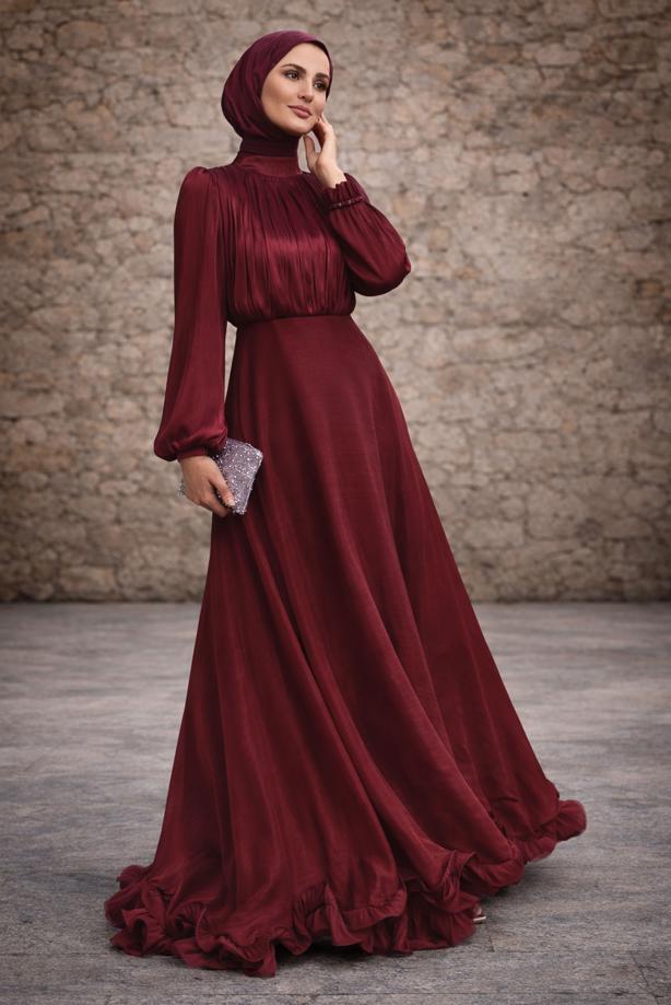 Tesettür giyim BORDO KUŞAKLI SATEN ABİYE ELBİSE T 8726 - TRENDTESETTÜR