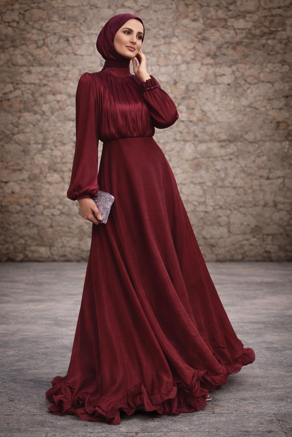 Tesettür giyim BORDO KUŞAKLI SATEN ABİYE ELBİSE T 8726