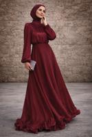 Tesettür giyim BORDO KUŞAKLI SATEN ABİYE ELBİSE T 8726