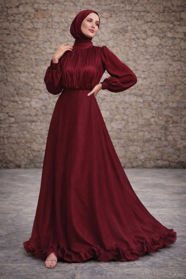 Tesettür giyim BORDO KUŞAKLI SATEN ABİYE ELBİSE T 8726 - TRENDTESETTÜR