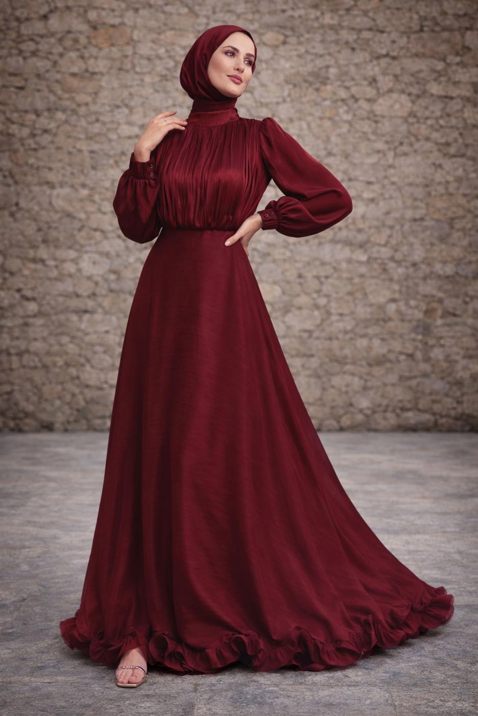 Tesettür giyim BORDO KUŞAKLI SATEN ABİYE ELBİSE T 8726