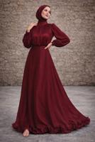 Tesettür giyim BORDO KUŞAKLI SATEN ABİYE ELBİSE T 8726