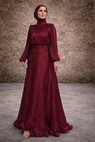 Tesettür giyim BORDO KUŞAKLI SATEN ABİYE ELBİSE T 8726