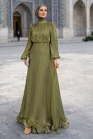 Vêtements hijab KAKI ROBE DE SOIRÉE EN SATIN CEINTURÉE T 8726