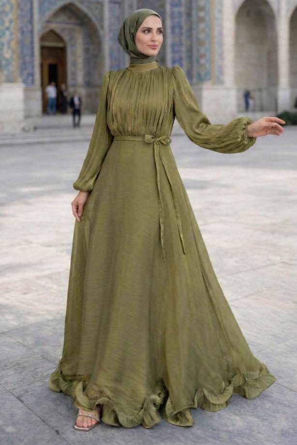 Vêtements hijab KAKI ROBE DE SOIRÉE EN SATIN CEINTURÉE T 8726 - TRENDTESETTÜR