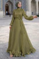 Vêtements hijab KAKI ROBE DE SOIRÉE EN SATIN CEINTURÉE T 8726