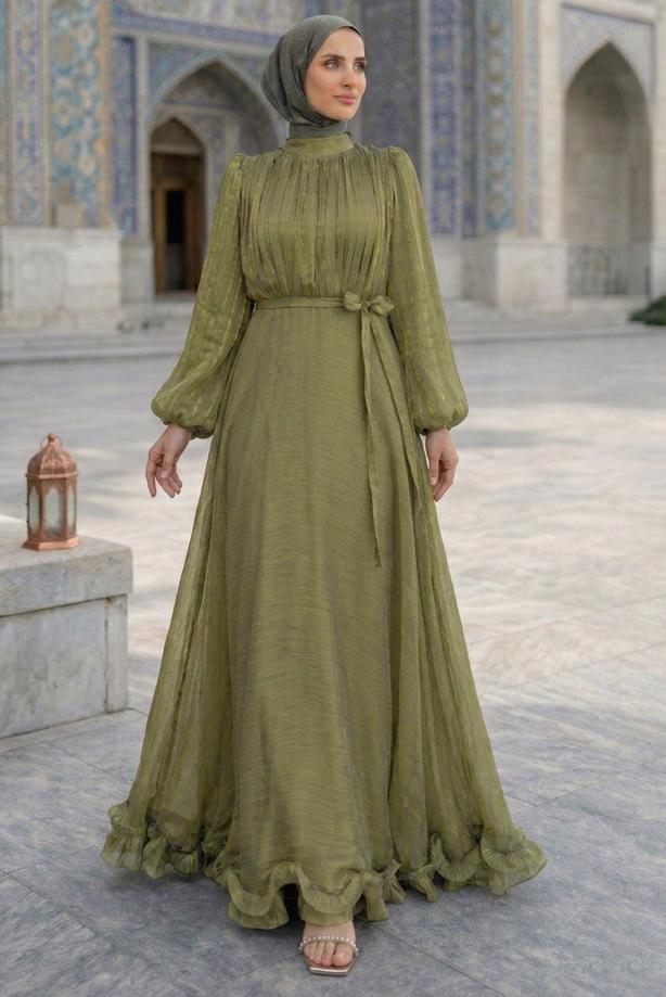 Vêtements hijab KAKI ROBE DE SOIRÉE EN SATIN CEINTURÉE T 8726 - TRENDTESETTÜR