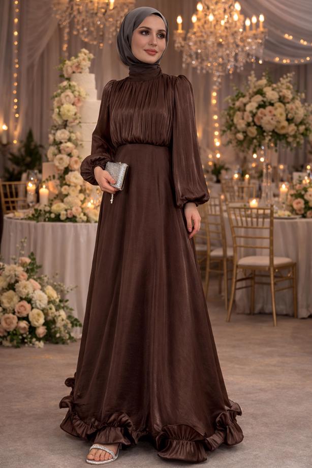 Vêtements hijab BRUN ROBE DE SOIRÉE EN SATIN CEINTURÉE T 8726 - TRENDTESETTÜR