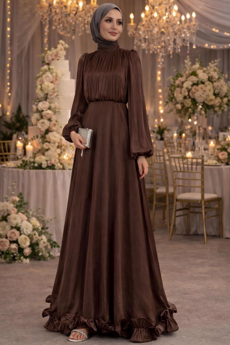 Vêtements hijab BRUN ROBE DE SOIRÉE EN SATIN CEINTURÉE T 8726