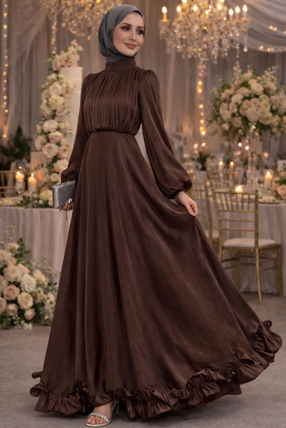 Vêtements hijab BRUN ROBE DE SOIRÉE EN SATIN CEINTURÉE T 8726