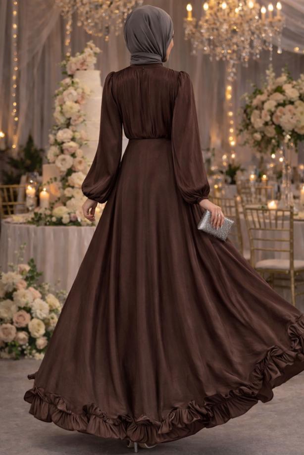 Vêtements hijab BRUN ROBE DE SOIRÉE EN SATIN CEINTURÉE T 8726 - TRENDTESETTÜR
