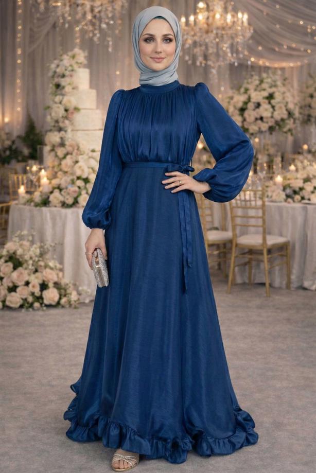 Vêtements hijab BLEU MARINE ROBE DE SOIRÉE EN SATIN CEINTURÉE T 8726 - TRENDTESETTÜR