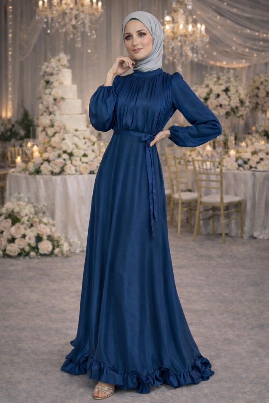 Vêtements hijab BLEU MARINE ROBE DE SOIRÉE EN SATIN CEINTURÉE T 8726