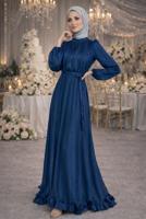 Vêtements hijab BLEU MARINE ROBE DE SOIRÉE EN SATIN CEINTURÉE T 8726