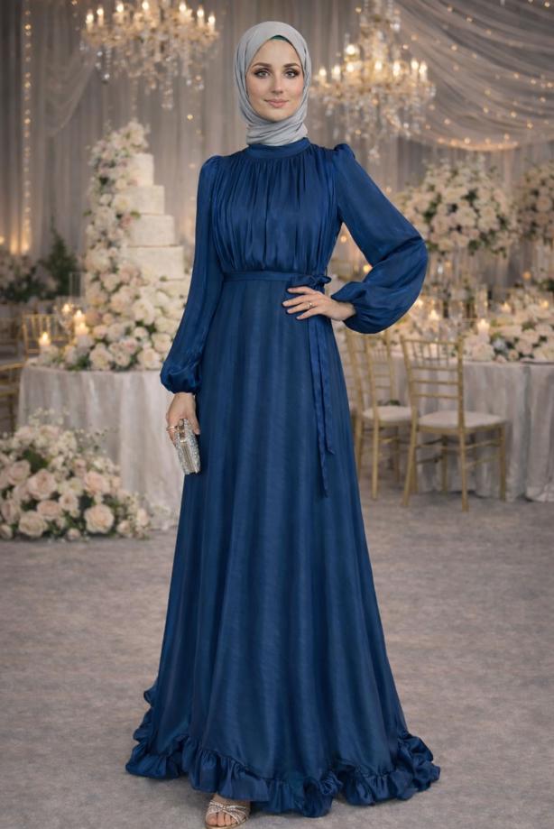 Vêtements hijab BLEU MARINE ROBE DE SOIRÉE EN SATIN CEINTURÉE T 8726 - TRENDTESETTÜR